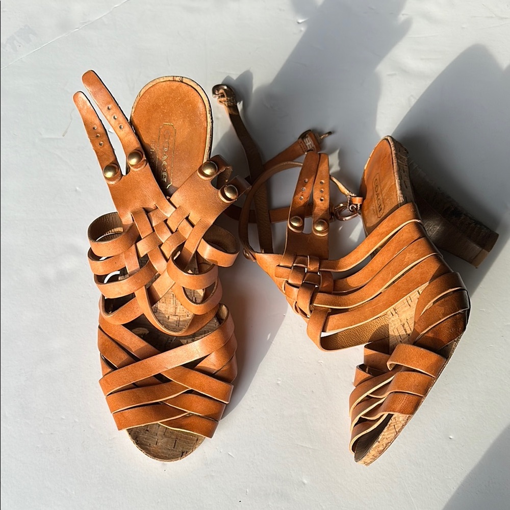 Coach Leather Wood Heeled Tan Strappy Sandals